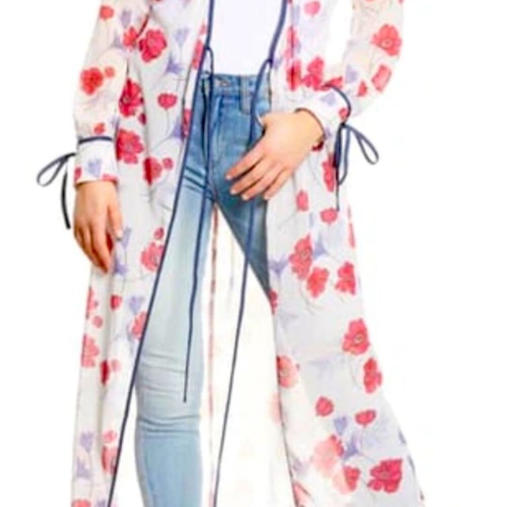 NWT Endless Rose Darling Poppy Floral Boho Wrap Chiffon Duster Coat Size Small - Picture 7 of 9